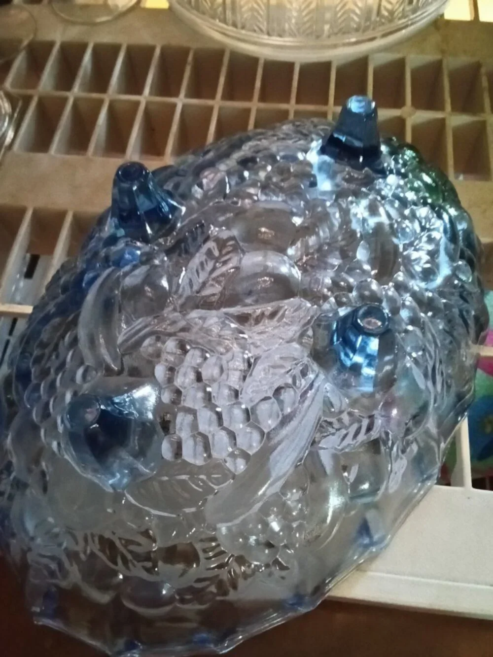 Vintage Blue Glass Fruit Bowl with Raised Design